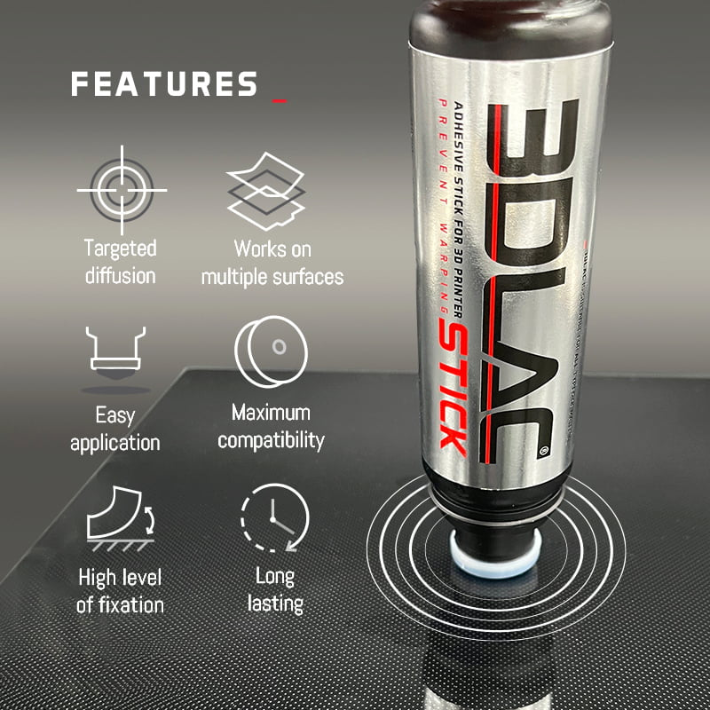 Infographic of the properties of the 3DLAC Stick Water glue stick for 3D printing