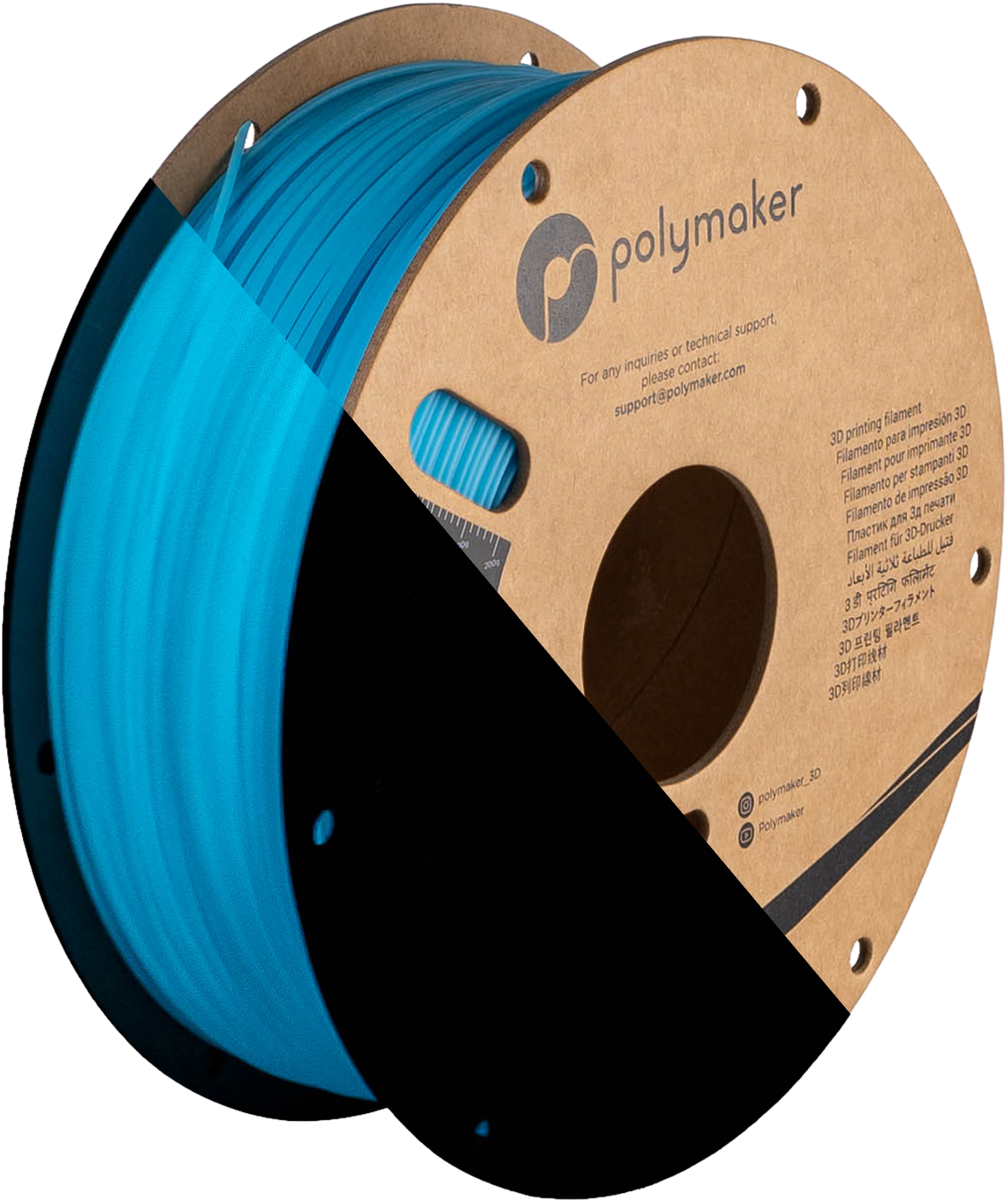 Spool of PLA luminous blue filament, Polymaker, 1.75 mm