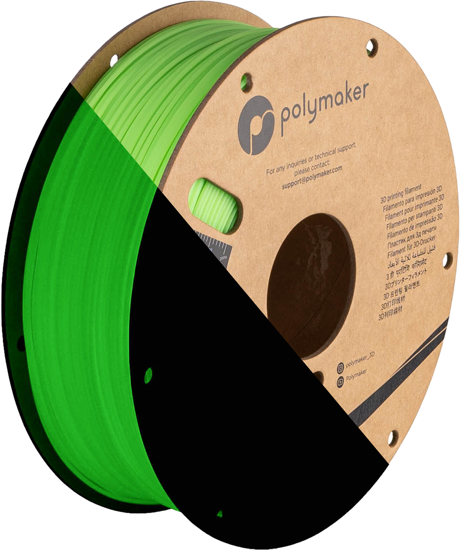 Spool of PLA luminous green filament, Polymaker, 1.75 mm