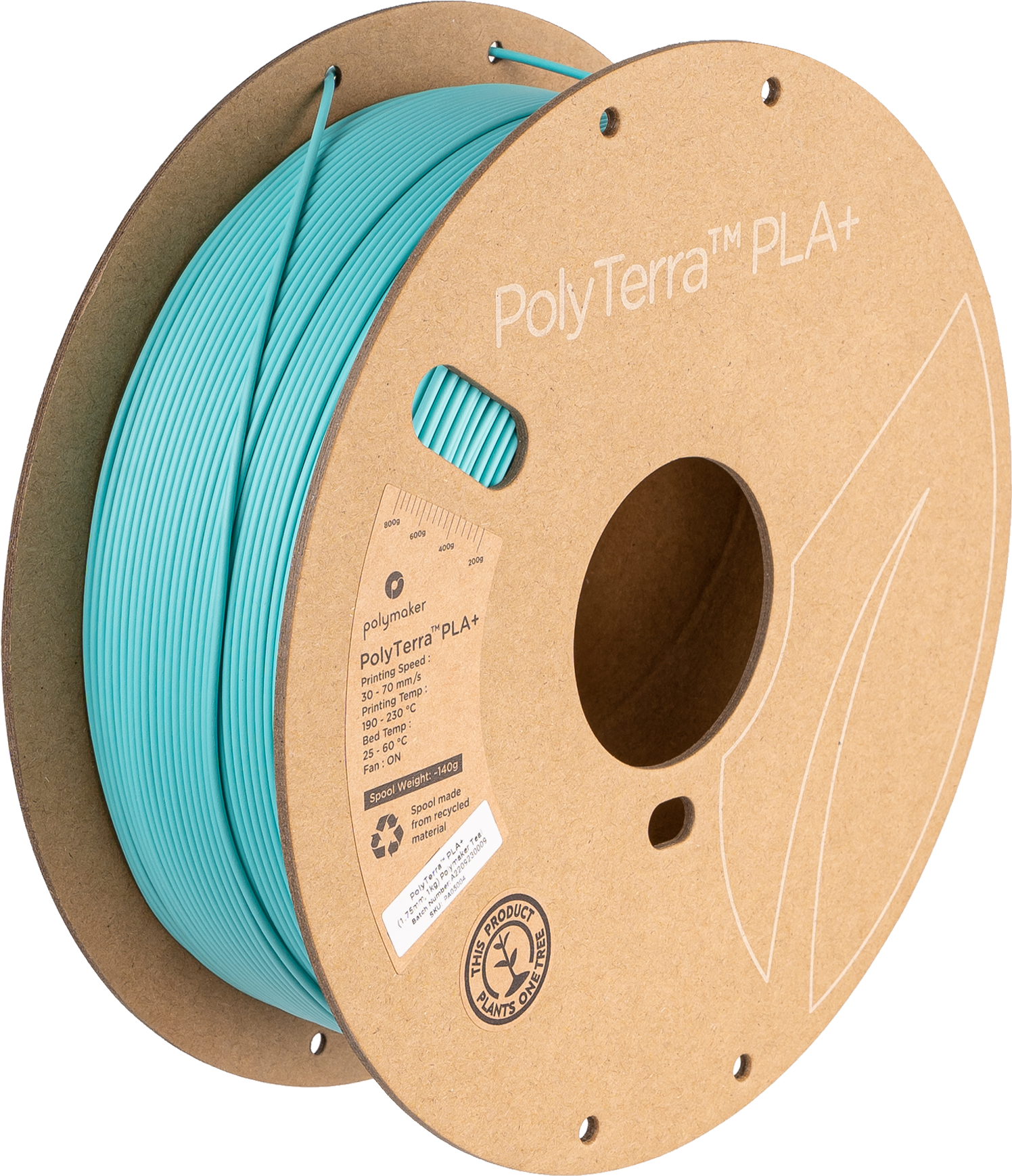 Spool of PLA+ satin turquoise filament, Polymaker, 1.75 mm