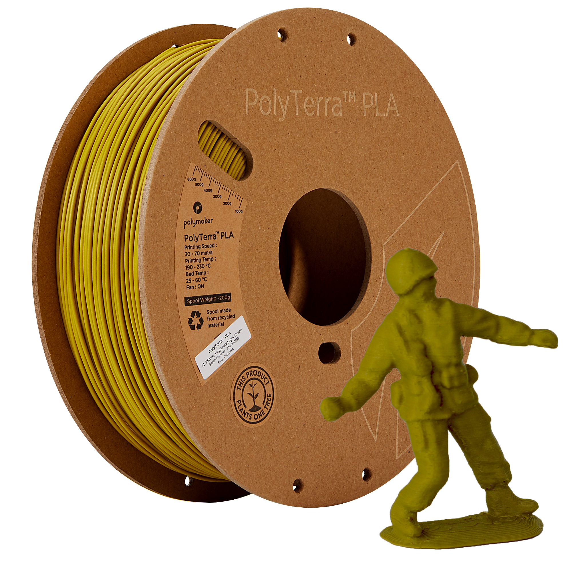 Spool of PLA matte army green filament, Polymaker, 1.75 mm