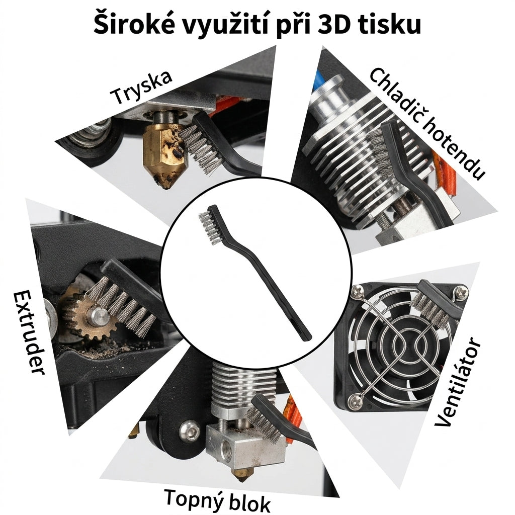 Using the wire brush to clean the 3D printer: nozzle, hotend heatsink, fan, heater block and extruder