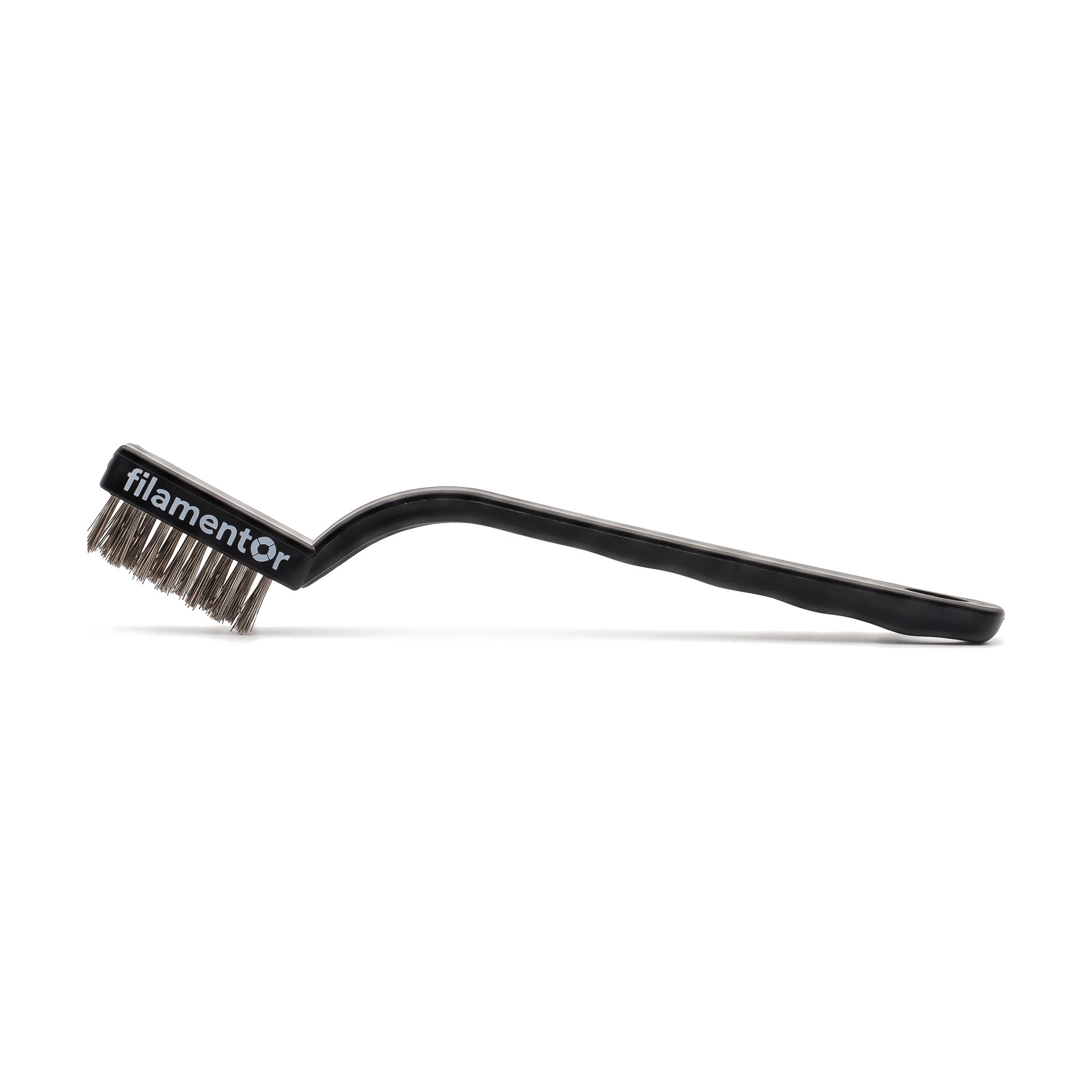 Filamentor wire brush with stainless steel bristles and a black plastic handle, with the filamentor logo on the brush head