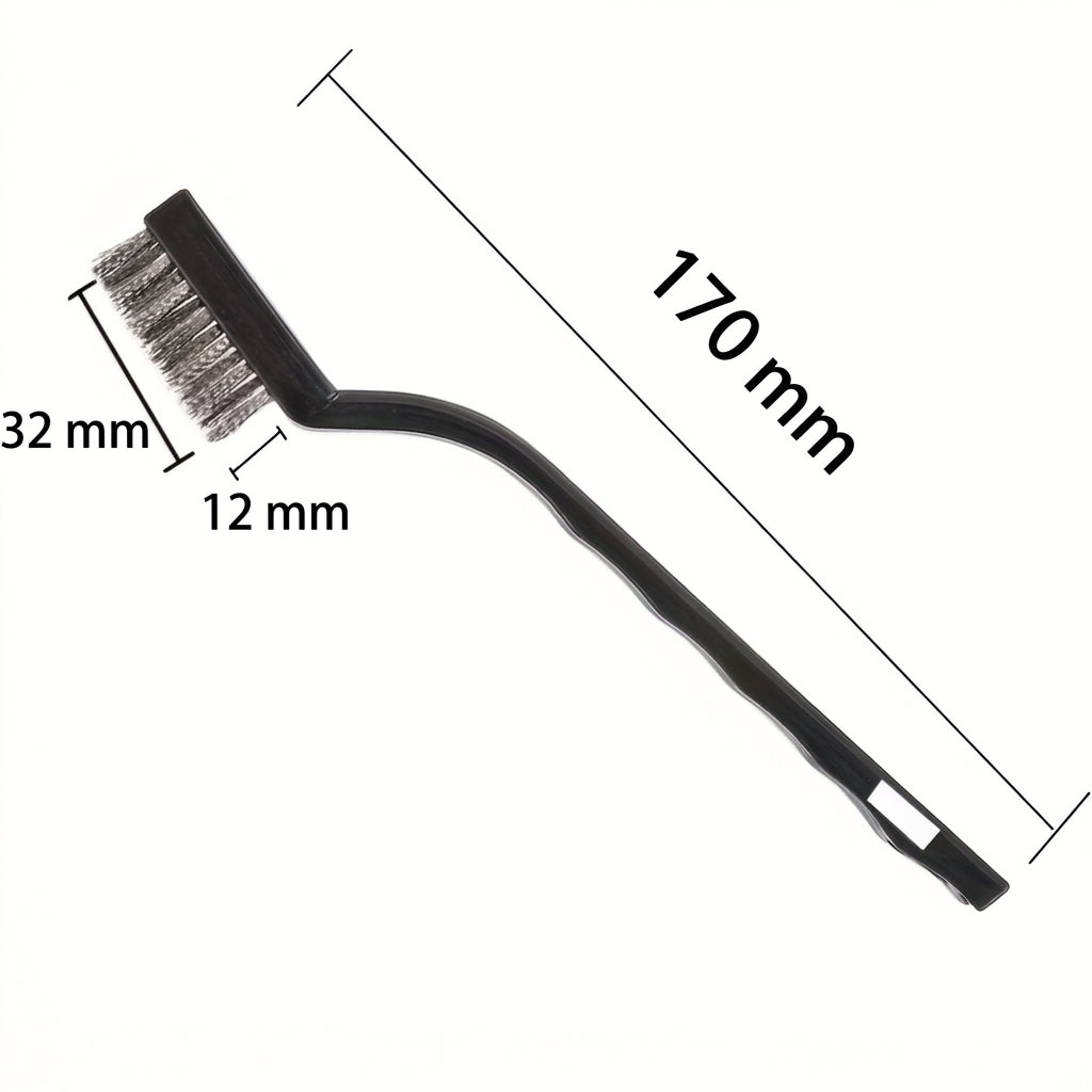 Stainless-steel wire brush with a black plastic handle, 170 mm long overall, 32 × 12 mm head