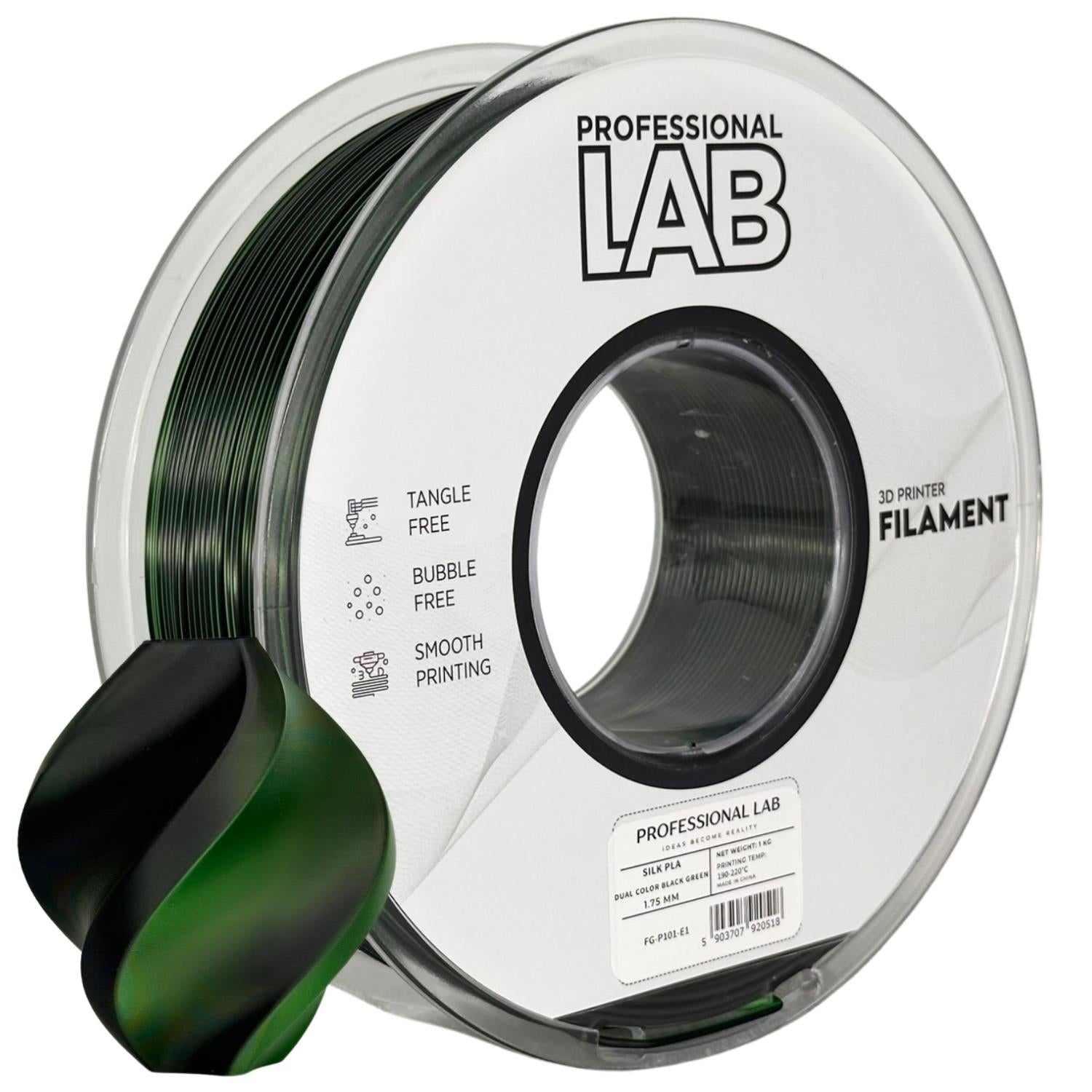 Spool of Silk PLA Dual Color black green filament, Prof. Lab, 1.75 mm