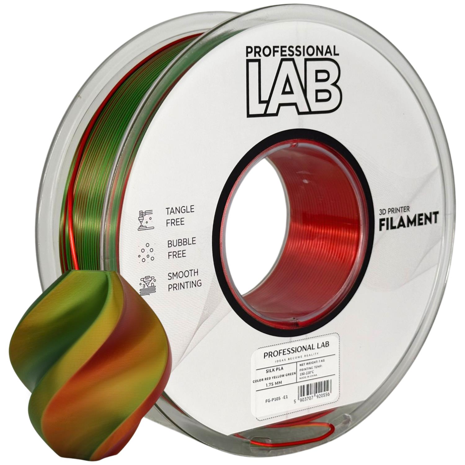 Rolă de filament Silk PLA Tri Color roșu galben verde, Prof. Lab, 1,75 mm