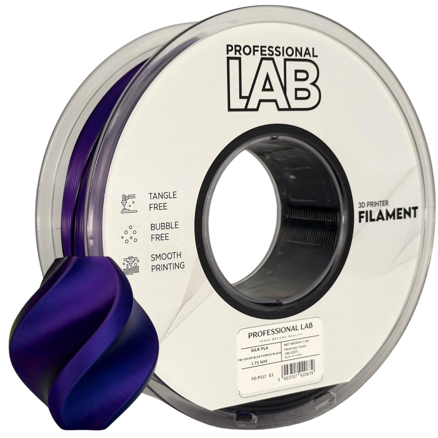 Spool of Silk PLA Tri Color blue purple black filament, Prof. Lab, 1.75 mm