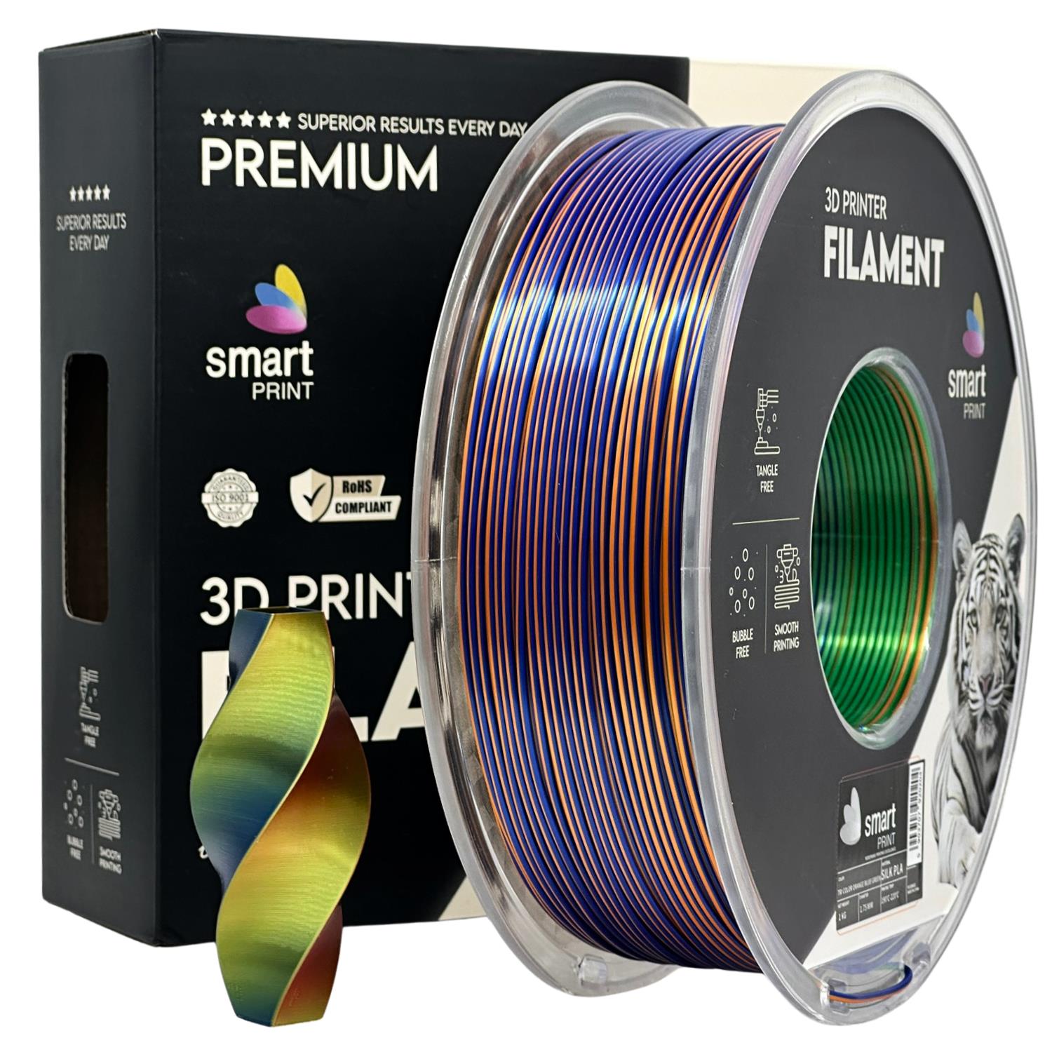 Rolă de filament Silk PLA Tri Color portocaliu albastru verde, Smart Print, 1,75 mm